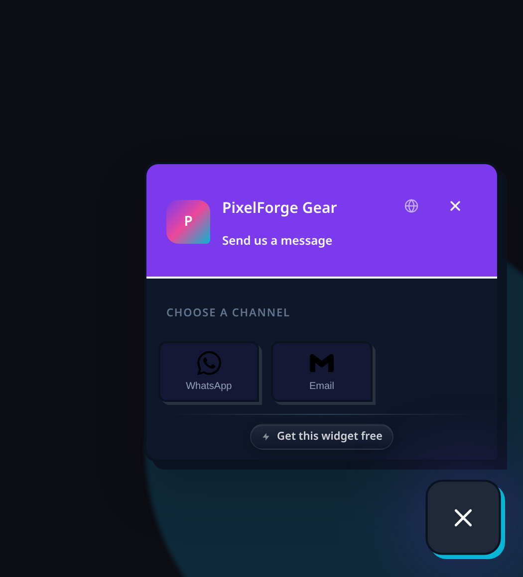 Chat widget styled for a gaming store: violet-to-cyan gradient, dark chat window, hard shadows.